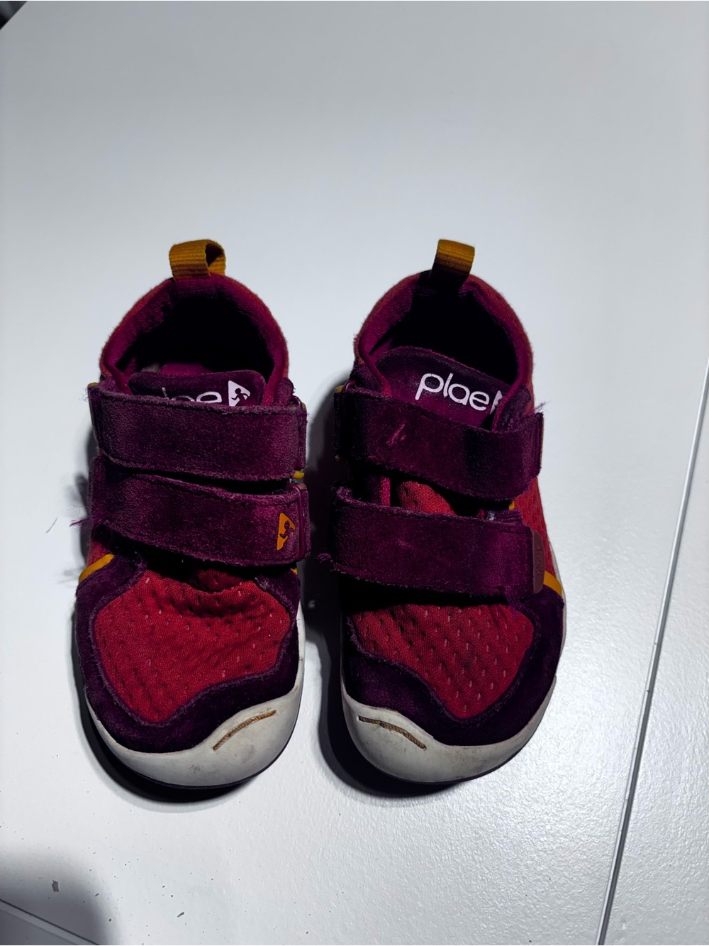 PLAE Kids Burgundy and Red Velcro Sneakers with Yellow Accents
